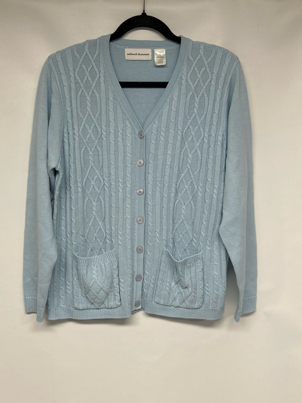 Alfred Dunner Pale Blue Cable Knit V-Neck Cardigan